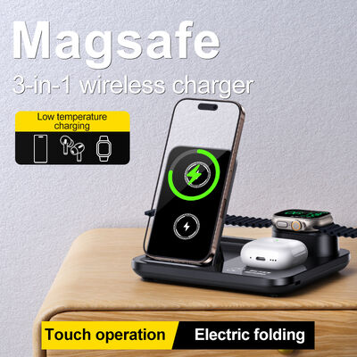折りたたみ式デザインとマグネット吸着を備えた15W急速充電3-in-1ワイヤレス充電器